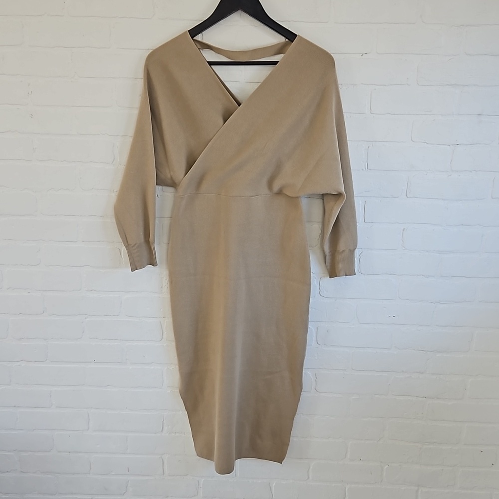 Creamy Taupe Cross over Knit midi dress - small